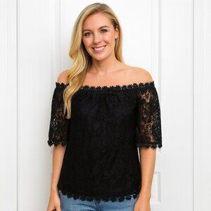 Miholl Black Lace Off the Shoulder Blouse Women’s Medium | Sheer Overlay Top
